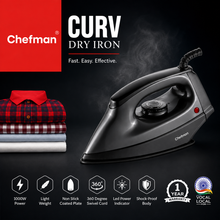 Chefman CURV Dry Iron 1000W with Non-Stick Coated Soleplate, Adjustable Temperature Control, Lightweight Body, 360° Swivel Cord & Power Indicator for All Fabrics | Black