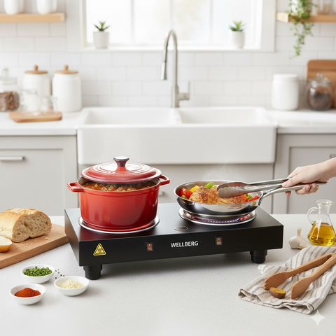 Wellberg 2000W Double Burner Electric Cooktop with Separate On/Off Switch, Stainless Steel Coil Plates, Dual Heating Slow Cooking Stove, Portable Hot Plate for Home & Office