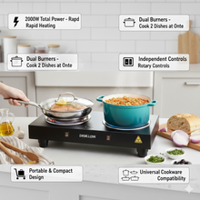 Wellberg 2000W Double Burner Electric Cooktop with Separate On/Off Switch, Stainless Steel Coil Plates, Dual Heating Slow Cooking Stove, Portable Hot Plate for Home & Office