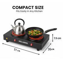 Wellberg 2000W Double Burner Electric Cooktop with Separate On/Off Switch, Stainless Steel Coil Plates, Dual Heating Slow Cooking Stove, Portable Hot Plate for Home & Office