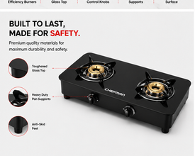 Chefman 2 Burner Gas Stove with Toughened Glass Top, High Efficiency Burners, Manual Ignition, Heavy Duty Pan Supports & Ergonomic Control Knobs for Kitchen