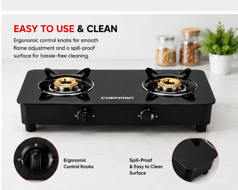 Chefman 2 Burner Gas Stove with Toughened Glass Top, High Efficiency Burners, Manual Ignition, Heavy Duty Pan Supports & Ergonomic Control Knobs for Kitchen