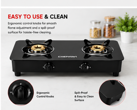 Chefman 2 Burner Gas Stove with Toughened Glass Top, High Efficiency Burners, Manual Ignition, Heavy Duty Pan Supports & Ergonomic Control Knobs for Kitchen