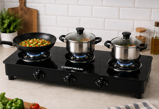 Chefman 3 Burner Glass Top Gas Stove for Kitchen with Manual Ignition, High Efficiency Burners, Heavy Duty Pan Supports and Easy to Clean Surface