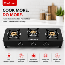 Chefman 3 Burner Glass Top Gas Stove for Kitchen with Manual Ignition, High Efficiency Burners, Heavy Duty Pan Supports and Easy to Clean Surface