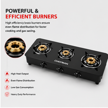 Chefman 3 Burner Glass Top Gas Stove for Kitchen with Manual Ignition, High Efficiency Burners, Heavy Duty Pan Supports and Easy to Clean Surface
