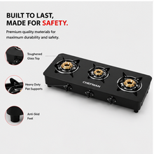 Chefman 3 Burner Glass Top Gas Stove for Kitchen with Manual Ignition, High Efficiency Burners, Heavy Duty Pan Supports and Easy to Clean Surface