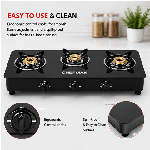 Chefman 3 Burner Glass Top Gas Stove for Kitchen with Manual Ignition, High Efficiency Burners, Heavy Duty Pan Supports and Easy to Clean Surface