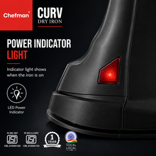 Chefman CURV Dry Iron 1000W with Non-Stick Coated Soleplate, Adjustable Temperature Control, Lightweight Body, 360° Swivel Cord & Power Indicator for All Fabrics | Black