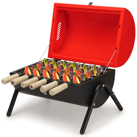Chefman Barrel Barbecue Grill: 8 Skewers, Tong, Grill, and Mash Included for Ultimate Grilling Experience