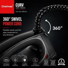 Chefman CURV Dry Iron 1000W with Non-Stick Coated Soleplate, Adjustable Temperature Control, Lightweight Body, 360° Swivel Cord & Power Indicator for All Fabrics | Black