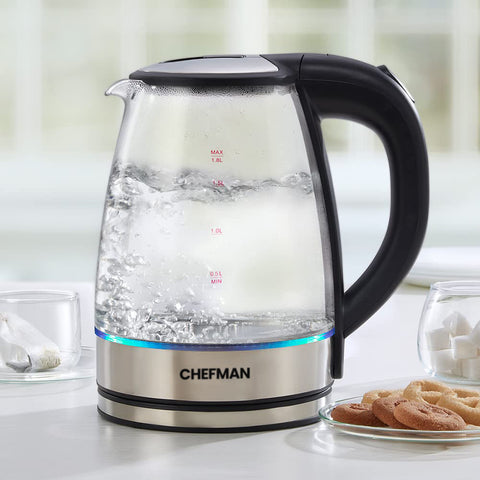 Chefman Electric Glass Kettle, Extra Long Cord, Dry-boil Protection, 360° Rotating Base, 1.8 L, Transparent