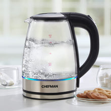 Chefman Electric Glass Kettle, Extra Long Cord, Dry-boil Protection, 360° Rotating Base, 1.8 L, Transparent