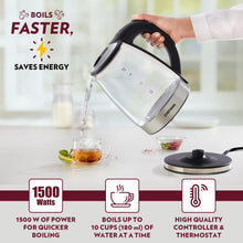 Chefman Electric Glass Kettle, Extra Long Cord, Dry-boil Protection, 360° Rotating Base, 1.8 L, Transparent