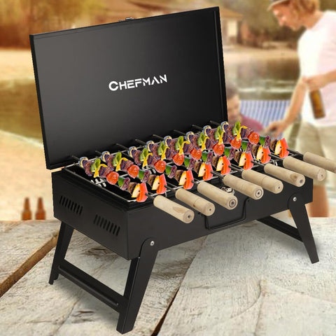 Chefman Briefcase Charcoal Barbecue Grill with 8 skewers, 1 Grill, 1 Tong