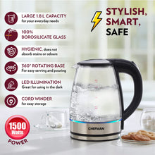 Chefman Electric Glass Kettle, Extra Long Cord, Dry-boil Protection, 360° Rotating Base, 1.8 L, Transparent