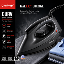 Chefman CURV Dry Iron 1000W with Non-Stick Coated Soleplate, Adjustable Temperature Control, Lightweight Body, 360° Swivel Cord & Power Indicator for All Fabrics | Black