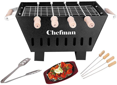 Chefman Charcoal Grill Barbecue, Metal Leg with 4 Skewers