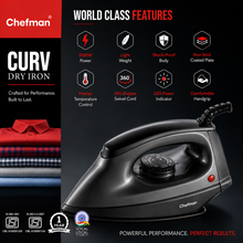Chefman CURV Dry Iron 1000W with Non-Stick Coated Soleplate, Adjustable Temperature Control, Lightweight Body, 360° Swivel Cord & Power Indicator for All Fabrics | Black