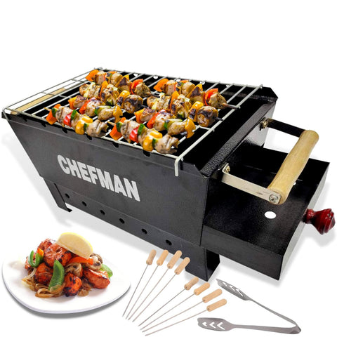 Chefman Charcoal Barbeque Grill Set for Home with 6 Skewers with Gloves