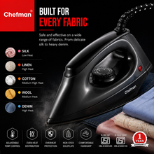 Chefman CURV Dry Iron 1000W with Non-Stick Coated Soleplate, Adjustable Temperature Control, Lightweight Body, 360° Swivel Cord & Power Indicator for All Fabrics | Black