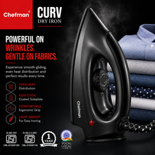 Chefman CURV Dry Iron 1000W with Non-Stick Coated Soleplate, Adjustable Temperature Control, Lightweight Body, 360° Swivel Cord & Power Indicator for All Fabrics | Black