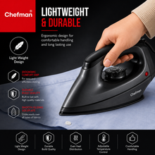 Chefman CURV Dry Iron 1000W with Non-Stick Coated Soleplate, Adjustable Temperature Control, Lightweight Body, 360° Swivel Cord & Power Indicator for All Fabrics | Black