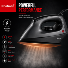 Chefman CURV Dry Iron 1000W with Non-Stick Coated Soleplate, Adjustable Temperature Control, Lightweight Body, 360° Swivel Cord & Power Indicator for All Fabrics | Black
