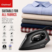Chefman CURV Dry Iron 1000W with Non-Stick Coated Soleplate, Adjustable Temperature Control, Lightweight Body, 360° Swivel Cord & Power Indicator for All Fabrics | Black