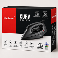 Chefman CURV Dry Iron 1000W with Non-Stick Coated Soleplate, Adjustable Temperature Control, Lightweight Body, 360° Swivel Cord & Power Indicator for All Fabrics | Black
