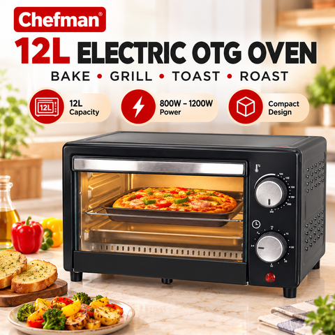 Chefman 12L Electric OTG Oven Toaster Griller for Baking Cakes, Pizza, Cookies, Toasting & Roasting with Adjustable Temperature, Timer & Glass Door