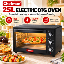Chefman 25L Electric OTG Oven Toaster Griller 1400W for Baking Cakes, Pizza, Cookies, Grilling & Roasting with 6-Stage Control, 60-Min Timer, Black