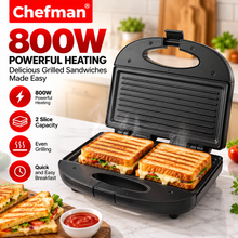 Chefman 800W Electric Grill Sandwich Toaster with Non-Stick Fixed Grill Plates, Auto Cut-Off, Dual Indicator Lights, Heat-Resistant Body & Compact Design, Black