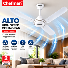 Chefman ALTO 1200mm 48 Inch High Speed Ceiling Fan with 100% Copper Motor, 380 RPM, 75W, 3 Blades, Low Noise, White, 2 Year Motor Warranty