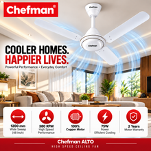 Chefman ALTO 1200mm 48 Inch High Speed Ceiling Fan with 100% Copper Motor, 380 RPM, 75W, 3 Blades, Low Noise, White, 2 Year Motor Warranty
