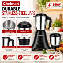 Chefman 550W Mixer Grinder with 2 Stainless Steel Jars, Wet & Dry Grinding, Chutney Making, Masala Grinding, Rotary Speed Control, Black