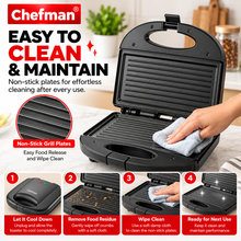 Chefman 800W Electric Grill Sandwich Toaster with Non-Stick Fixed Grill Plates, Auto Cut-Off, Dual Indicator Lights, Heat-Resistant Body & Compact Design, Black