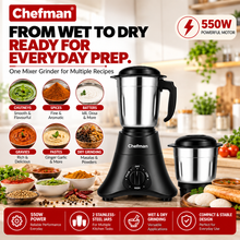 Chefman 550W Mixer Grinder with 2 Stainless Steel Jars, Wet & Dry Grinding, Chutney Making, Masala Grinding, Rotary Speed Control, Black