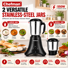 Chefman 550W Mixer Grinder with 2 Stainless Steel Jars, Wet & Dry Grinding, Chutney Making, Masala Grinding, Rotary Speed Control, Black