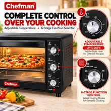 Chefman 25L Electric OTG Oven Toaster Griller 1400W for Baking Cakes, Pizza, Cookies, Grilling & Roasting with 6-Stage Control, 60-Min Timer, Black
