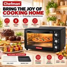Chefman 25L Electric OTG Oven Toaster Griller 1400W for Baking Cakes, Pizza, Cookies, Grilling & Roasting with 6-Stage Control, 60-Min Timer, Black