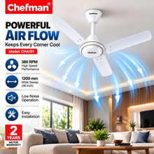 Chefman ALTO 1200mm 48 Inch High Speed Ceiling Fan with 100% Copper Motor, 380 RPM, 75W, 3 Blades, Low Noise, White, 2 Year Motor Warranty