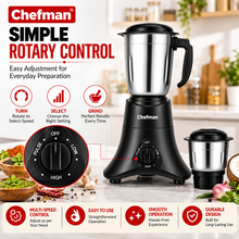 Chefman 550W Mixer Grinder with 2 Stainless Steel Jars, Wet & Dry Grinding, Chutney Making, Masala Grinding, Rotary Speed Control, Black