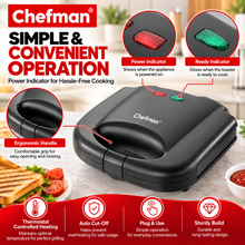 Chefman 800W Electric Grill Sandwich Toaster with Non-Stick Fixed Grill Plates, Auto Cut-Off, Dual Indicator Lights, Heat-Resistant Body & Compact Design, Black