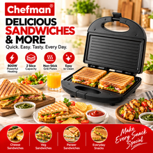 Chefman 800W Electric Grill Sandwich Toaster with Non-Stick Fixed Grill Plates, Auto Cut-Off, Dual Indicator Lights, Heat-Resistant Body & Compact Design, Black