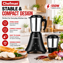 Chefman 550W Mixer Grinder with 2 Stainless Steel Jars, Wet & Dry Grinding, Chutney Making, Masala Grinding, Rotary Speed Control, Black