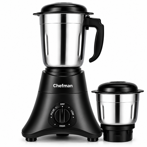 Chefman 550W Mixer Grinder with 2 Stainless Steel Jars, Wet & Dry Grinding, Chutney Making, Masala Grinding, Rotary Speed Control, Black