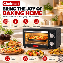 Chefman 12L Electric OTG Oven Toaster Griller for Baking Cakes, Pizza, Cookies, Toasting & Roasting with Adjustable Temperature, Timer & Glass Door