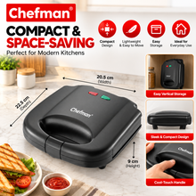 Chefman 800W Electric Grill Sandwich Toaster with Non-Stick Fixed Grill Plates, Auto Cut-Off, Dual Indicator Lights, Heat-Resistant Body & Compact Design, Black