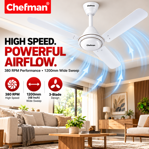 Chefman ALTO 1200mm 48 Inch High Speed Ceiling Fan with 100% Copper Motor, 380 RPM, 75W, 3 Blades, Low Noise, White, 2 Year Motor Warranty